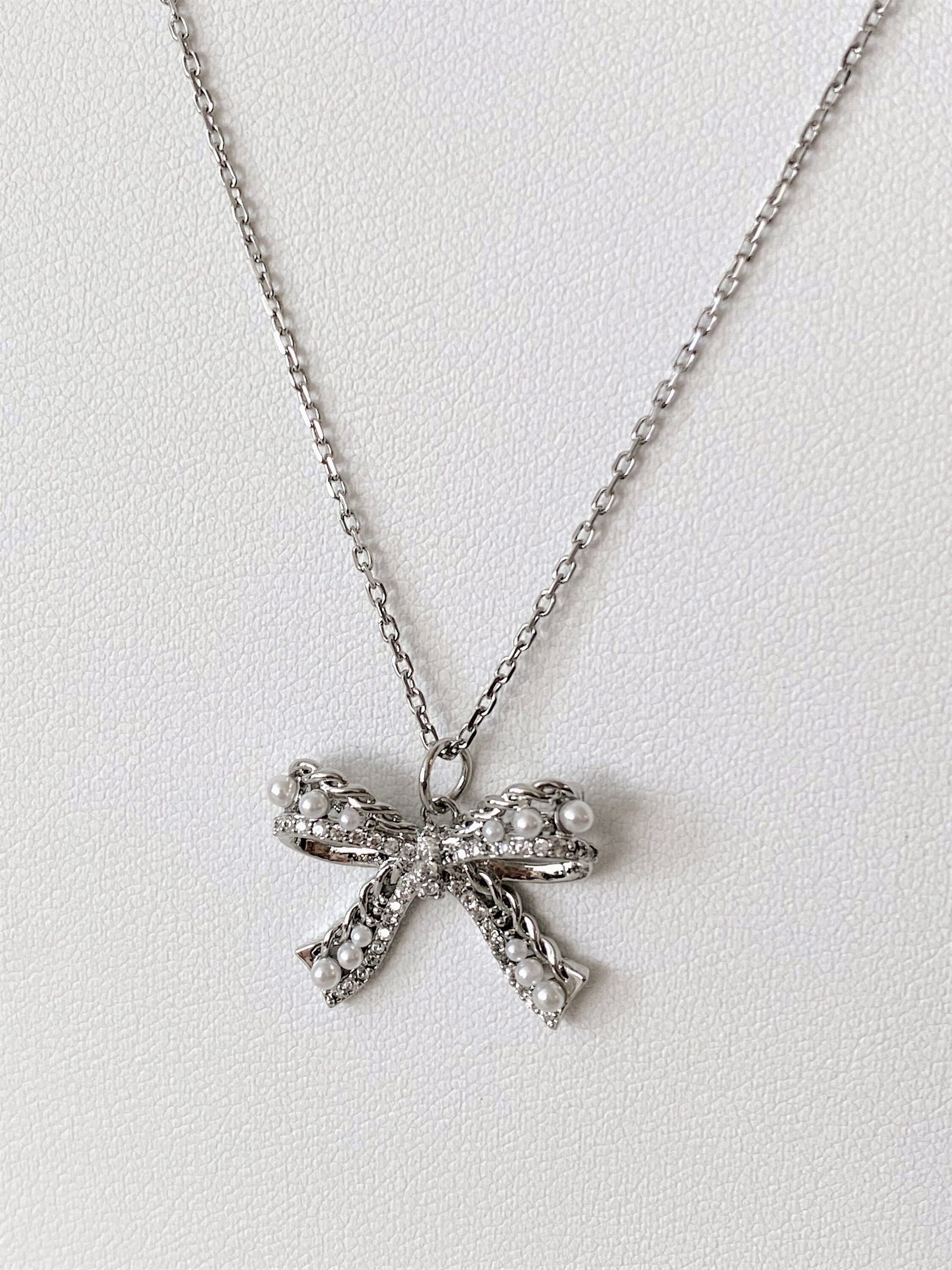 ★Hei★ sv925 silver crystal ribbon necklace HE24SMNSW750XXF MUSINSA | HEI [sv925] silver crystal ribbon necklace