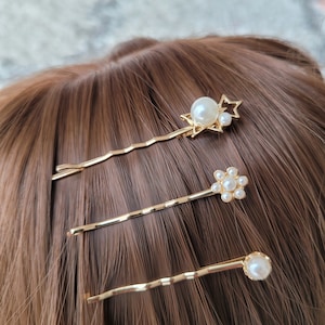 Faux Pearl Goldfarbenen Bobby Haarnadel Set. Stern, Herz, Blume Haarspangen.  Luxe Perlenhaarschmuck. Braut, Geburtstag oder Weihnachtsgeschenke.