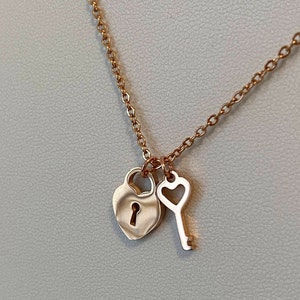 Personalized Heart Lock and Key Charm Necklace Set, Unlock Your Heart, Rose Gold Dainty Charms, Valentines Gift. Miniature.