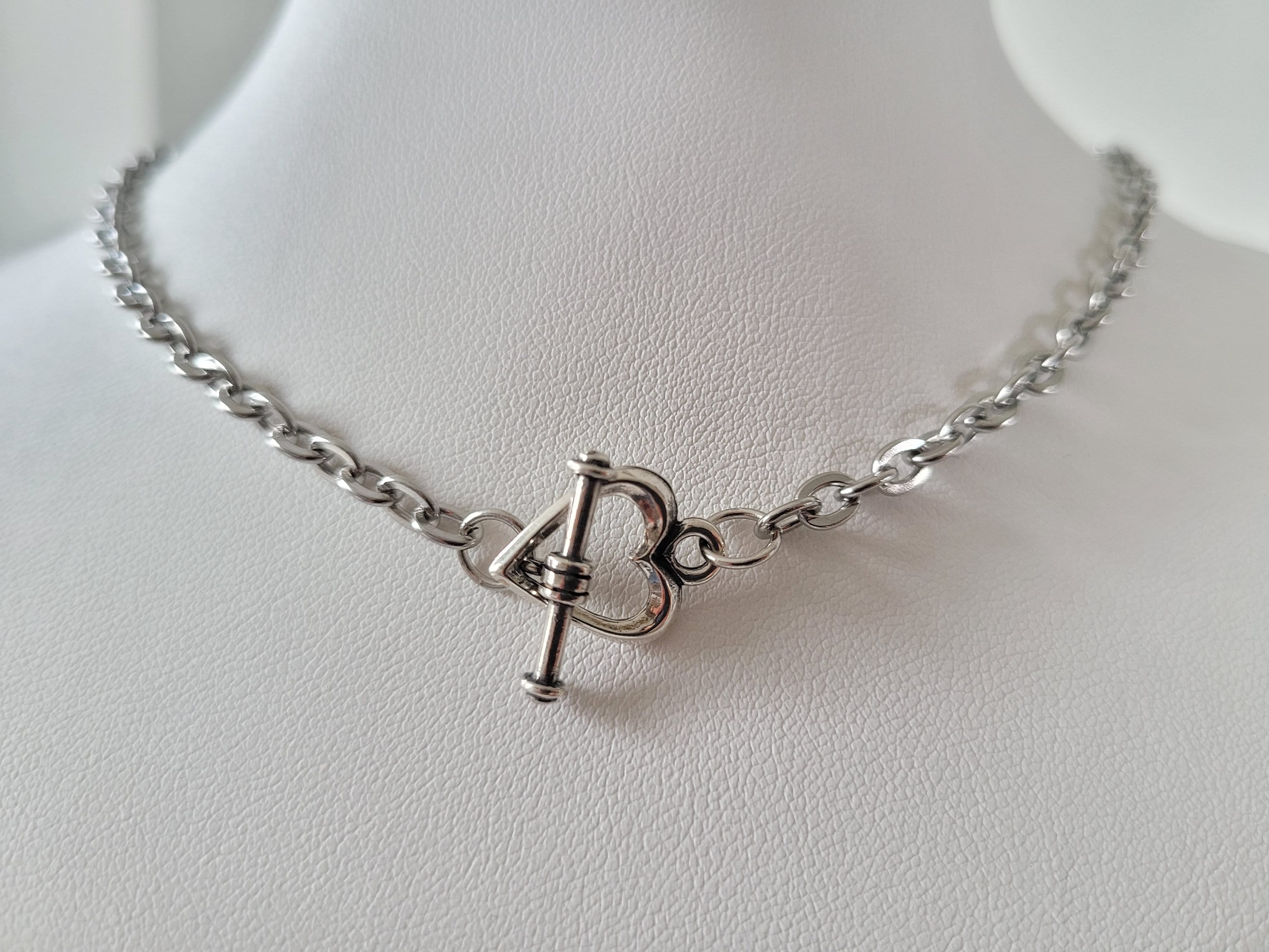925 Sterling Silver link necklace w/toggle clasp with heart disc 