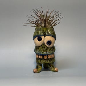 May include: A whimsical, handmade ceramic planter in the shape of a monster. The green planter has large, googly eyes, a blue band, and a textured surface. It holds a small air plant with spiky, brown leaves. The planter has small feet.