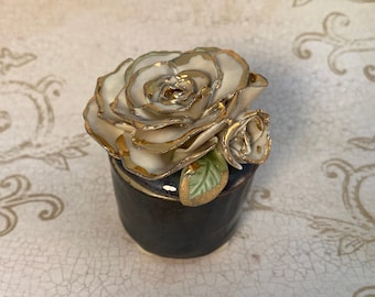 Jewelry Trinket Box Ceramic Flower Rose Ring Handmade