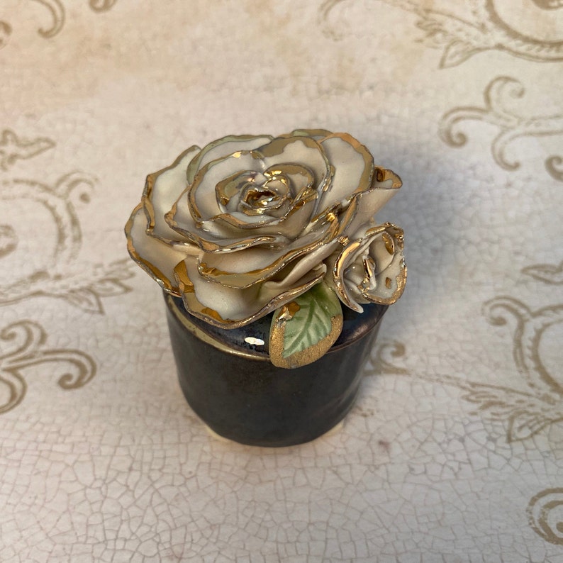 Jewelry Trinket Box Ceramic Flower Rose Ring Handmade