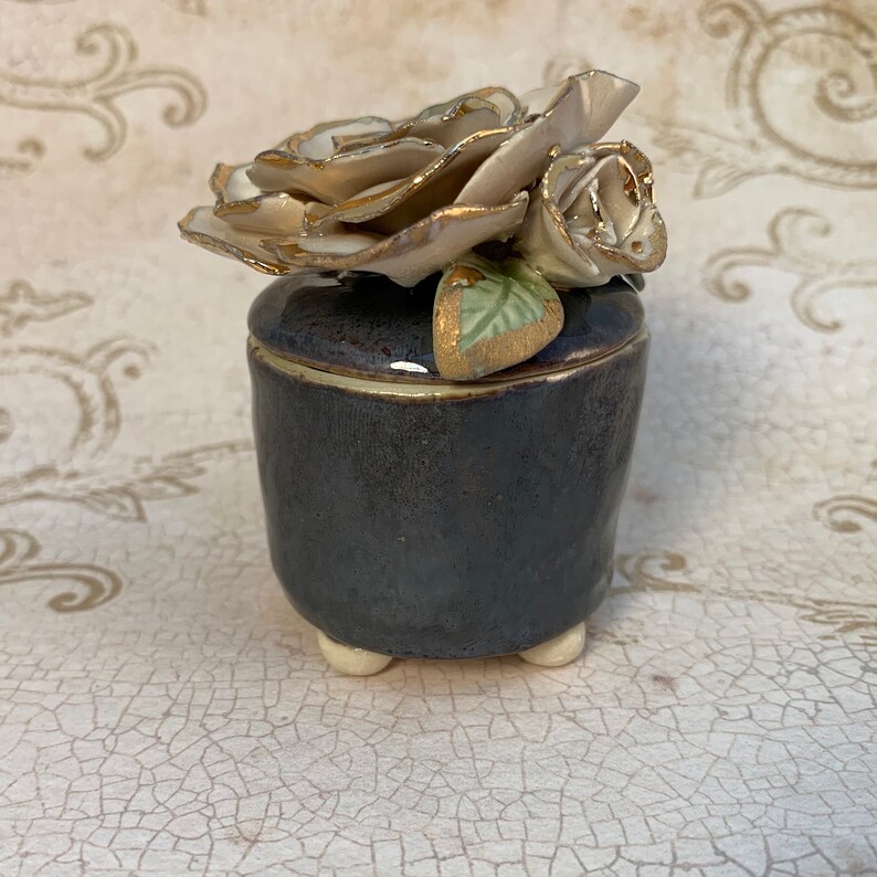 Jewelry Trinket Box Ceramic Flower Rose Ring Handmade