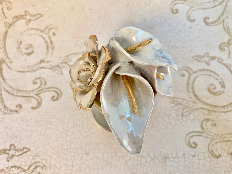 Ring Rose Butterfly Jewelry Flower Calla Lily Ceramic Handmade Trinket Box Gold