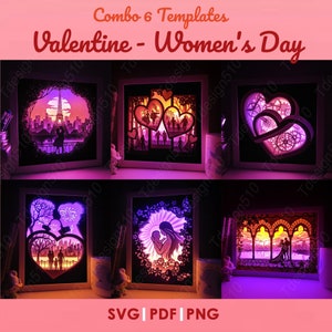 Combo Valentines Womens day, Paper cut light box template, shadow box, 3D papercut lightbox svg file DIY, cutting cricut, love story, CBVM