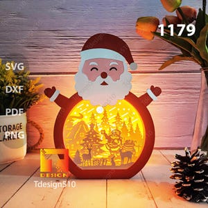 Santa Claus Paper cutting lamp 3D shadow box Light box template papercut lightbox svg file DIY cricut, 1179