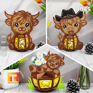 Lanterna de vaca das Terras Altas Lâmpada de corte de papel Caixa de sombra 3D Abajur de mesa Caixa de luz Caixa de luz de corte de papel svg DIY Cricut Lanterna de gado das Terras Altas 3045