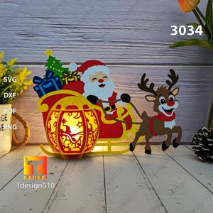 Père Noël, traîneau, renne, lanterne, lampe, découpage, papier, boîte, ombre, 3D, boîte lumière, papercut, lightbox svg, cadeaux de Noël, lanterne 3034C