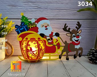 Weihnachtsmann Rentierschlitten Laterne Scherenschnitt Lampe 3D Schattenkasten Lichtbox Papercut Lichtkasten svg Weihnachtsgeschenke Laterne 3034C