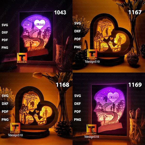 Combo Father Day Heart Paper cut light box template, shadow box, 3D papercut lightbox svg file DIY, cutting cricut, Love Dad, CBFD