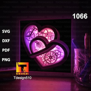 Heart Gears Carta tagliata modello light box, shadow box, 3D papercut lightbox file svg fai da te, taglio cricut, 1066