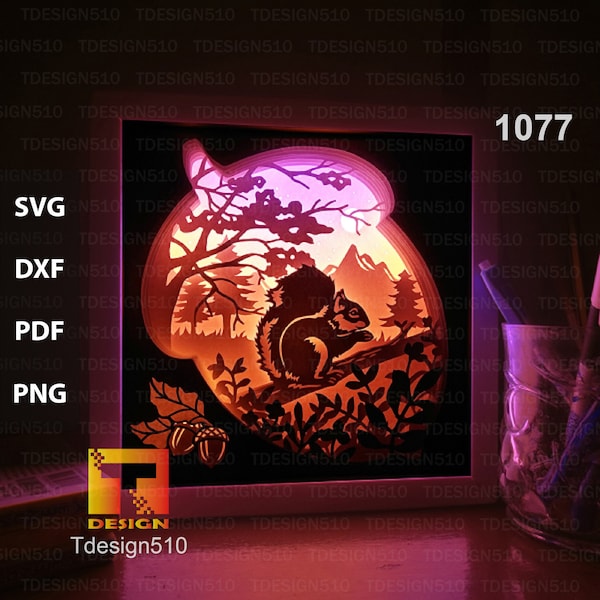 Squirrel Paper cut light box template, shadow box, 3D papercut lightbox svg file DIY, cutting cricut, 1077