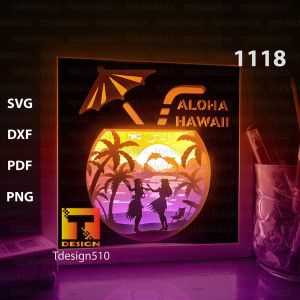 Hawaii Paper cut light box template, shadow box, 3D papercut lightbox svg file DIY, cutting cricut, 1118