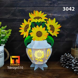 Zonnebloemvaaslantaarn Papiersnijlamp 3D-schaduwdoos Papercut-lichtbak SVG Moederdag DIY Bloemenvaaslantaarn, 3042C