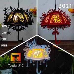 Lampe à découper en papier lanterne parapluie modèle de boîte d'ombre 3D Papercut lightbox fichier svg cricut Contes de fées Halloween lanterne de Noël 3021