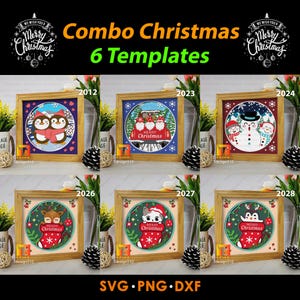 Combo Christmas 6 in 1 Shadow box template 3D shadow box papercut lightbox svg file cutting cricut Xmas, Santa Claus, Snowman CBC6x