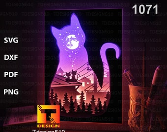 Cats on the roof Paper cut light box template, shadow box, 3D papercut lightbox svg file DIY, cutting cricut, 1071