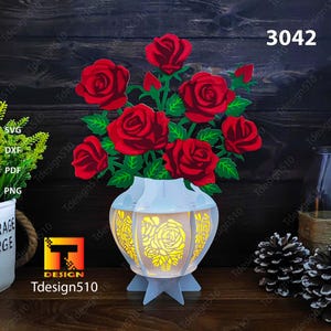 Lanterna vaso di rose Lampada da taglio di carta Scatola delle ombre 3D Scatola luminosa di carta tagliata SVG Festa della mamma fai da te 3042A
