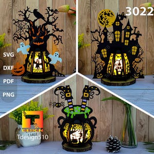 Lanterna di Halloween Carta tagliata Scatola delle ombre 3D Scatola luminosa Scatola luminosa tagliata in carta File svg Fai da te Cricut Albero spettrale Casa stregata Strega Calderone 3022