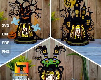 Halloween Lantern Paper cutting 3D shadow box Light box Papercut lightbox svg file DIY cricut Spooky Tree Haunted House Witch Cauldron 3022