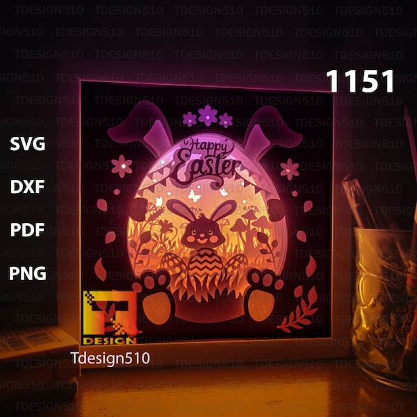 Easter Bunny Paper cut light box template, shadow box, 3D papercut lightbox svg file DIY, cutting cricut, 1151