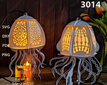Pack 2 Jellyfish lantern Paper cutting lamp 3D shadow box Light box template Papercut lightbox svg file DIY cricut, 3014