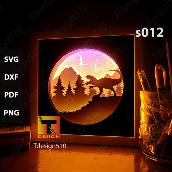 Dinosaurs Paper cut light box template, shadow box, 3D papercut lightbox svg file DIY, cutting cricut, s012 Dinosaurs Paper cut light box template, shadow box, 3D papercut lightbox svg file DIY, cutting cricut, s012