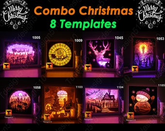 Combo Christmas 8 in 1 Paper cut light box template shadow box, 3D papercut lightbox svg file cutting cricut Xmas, Santa Claus, Snowman, CBC