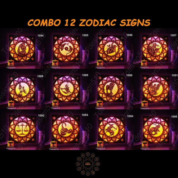 Combo 12 Zodiac Signs. Paper cut light box template, shadow box, 3D papercut lightbox svg file DIY, cutting cricut, CBZ