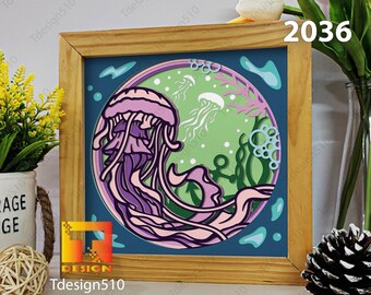 Jellyfish Paper cut light box template, shadow box, 3D papercut lightbox svg file DIY, cutting cricut, 2036