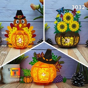 Lanterne de Thanksgiving Day, lampe à découper, boîte à ombres, boîte à lumière, Lightbox Papercut, svg Turquie, tournesol, récolte d'automne, citrouilles, lanterne 3032
