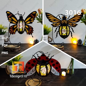 Linterna de insectos Lámpara de corte de papel Caja de sombras 3D Plantilla de caja de luz Papercut lightbox archivo svg DIY cricut, 3016 Mariposa Mariquita Abeja linterna