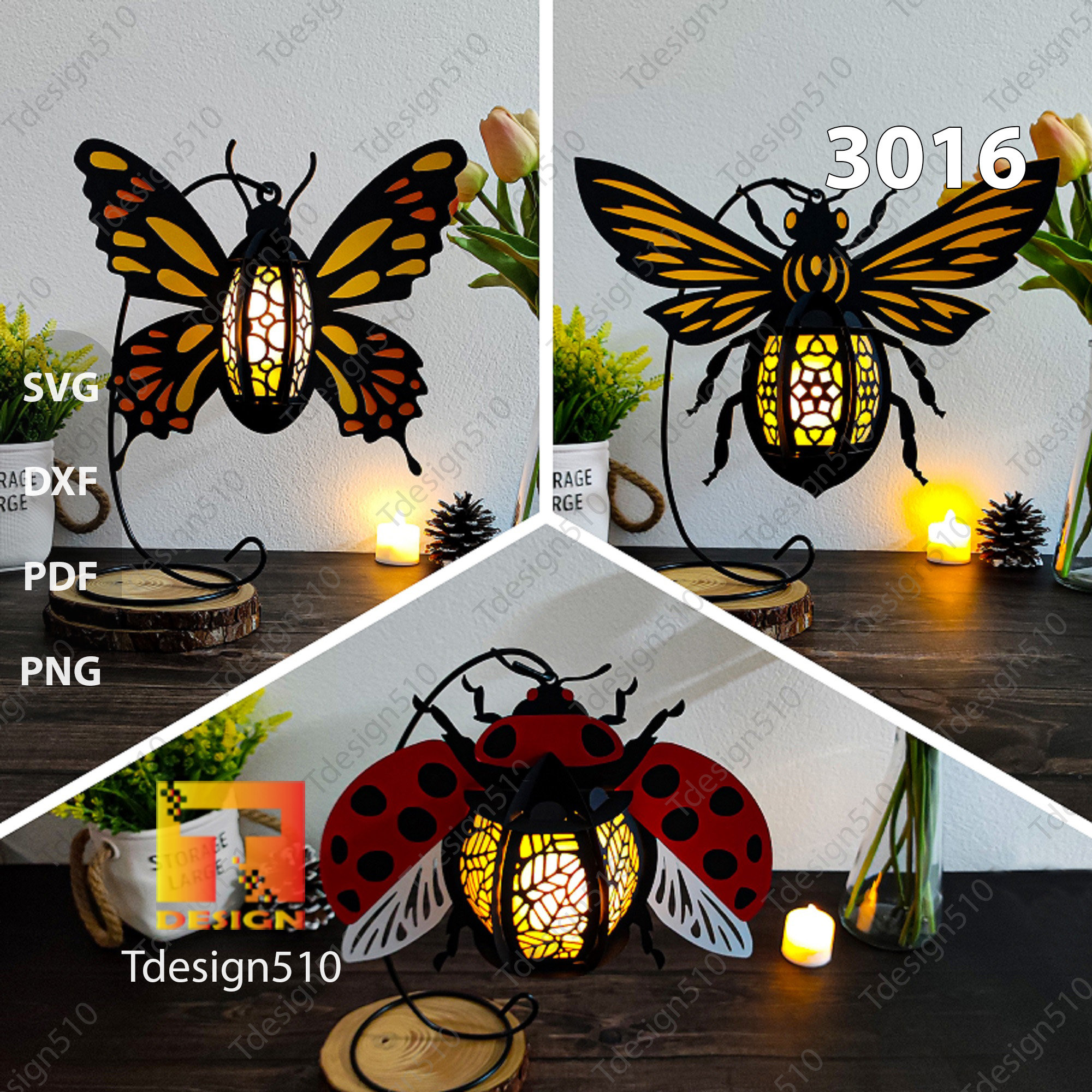 Insect Lantern Paper cutting lamp 3D shadow box Light box template Papercut lightbox svg file DIY cricut, 3016 Butterfly Ladybug Bee lantern