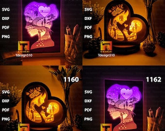 May include: Four different designs for a wooden 3D laser cut night light. Each design features a silhouette of a mother and child with the words "I love Mom" in a heart. The designs are illuminated with warm white LED lights.