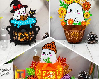 Ghost Lantern SVG: Halloween Thanksgiving Papercut Lightbox-sjabloon (digitale bestanden)