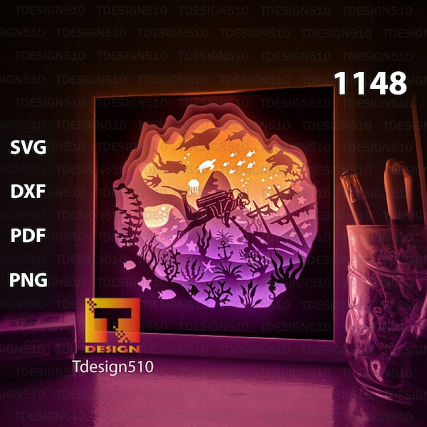 Ocean Diver Paper cut light box template, shadow box, 3D papercut lightbox svg file DIY, cutting cricut, 1148