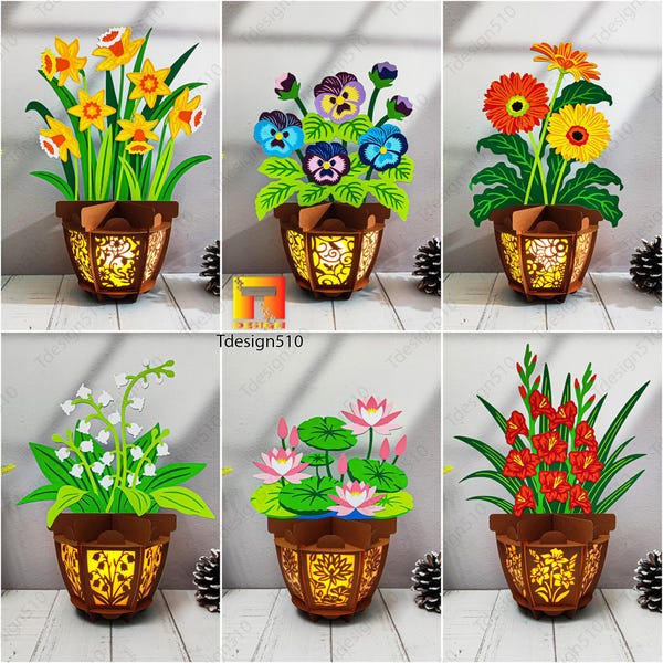 Luminária em formato de vaso de flores (SVG), luminária de recorte de papel em 3D (download digital)