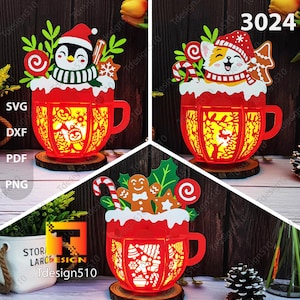 Lanterne de Noël cacao chaud papier découpé 3D ombre boîte Papercut lightbox fichier svg bricolage cricut chat de Noël pingouin lanterne de pain d'épice 3024