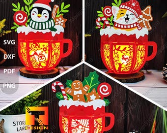Weihnachten Hot Cocoa Laterne Papierschnitt 3D-Schattenbox Papercut lightbox svg Datei DIY Cricut Weihnachten Katze Pinguin Lebkuchenlaterne 3024