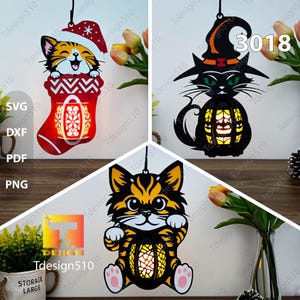 Lanterne de vacances pour chats, lampe à découper, boîte d'ombres 3D, fichier svg Papercut lightbox, cricut, chat de Noël, chat d'Halloween, lanterne de chat mignon, 3018