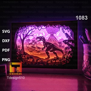 Dinosaures T-rex Paper cut light box template, shadow box, 3D papercut lightbox svg fichier DIY, coupe cricut, 1083