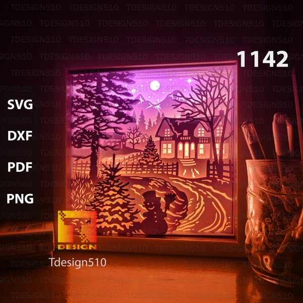 Plantilla de caja de luz de papel cortado retro navideño, caja de sombra, archivo svg de caja de luz de papel cortado 3D DIY, corte cricut, 1142