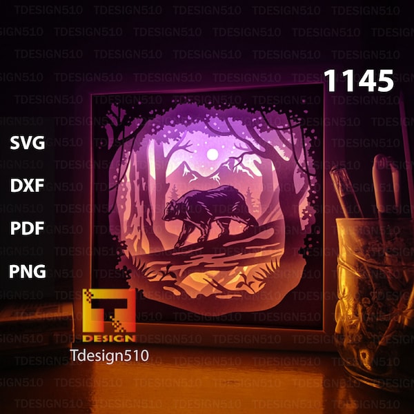 Bear in the Forest Paper cut light box template, shadow box, 3D papercut lightbox svg file DIY, cutting cricut, 1145