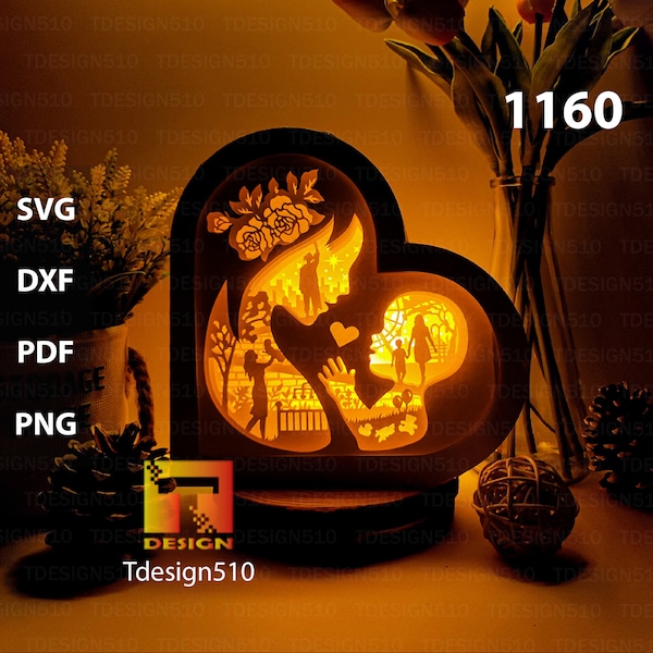 Mothers Day Heart Paper cutting lamp 3D shadow box Light box template papercut lightbox svg file DIY cricut, 1160