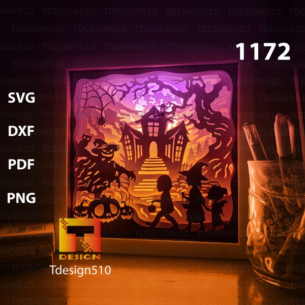 Halloween Paper cut light box template, shadow box, 3D papercut lightbox svg file DIY, cutting cricut, 1172