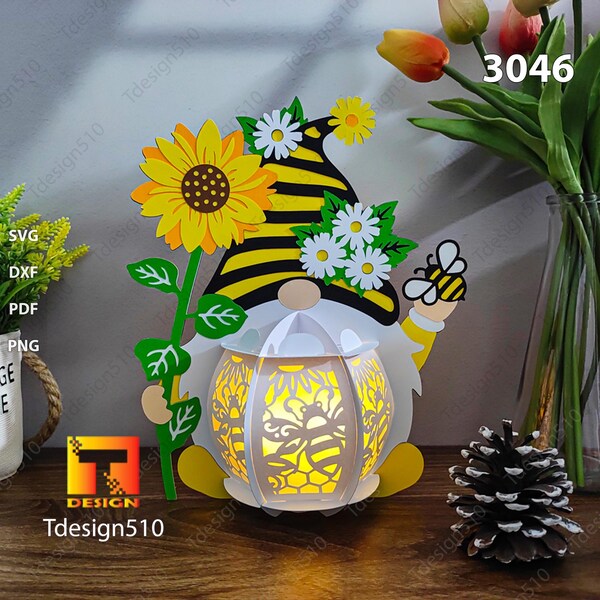 Summer Gnome Lantern, Spring Summer Autumn Winter Fall Gnome Lantern 3D Paper cutting table lamp 3D shadow box Light box Papercut SVG 3046