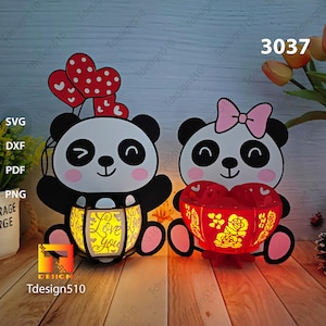 Lanterna coppia panda Lampada da taglio carta 3D Scatola delle ombre Scatola luminosa Scatola luminosa Papercut svg Matrimonio Amore San Valentino Donna Festa della mamma 3037
