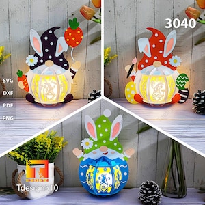 Lanterne du jour de Pâques gnome, lanterne oeufs de lapin de Pâques Lampe pour découper du papier Boîte d'ombre 3D Boîte à lumière Fichier svg Papercut Lightbox DIY cricut 3040