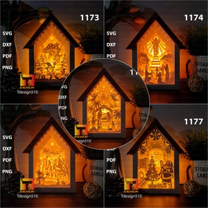 May include: Four different Christmas light-up house designs. Each house is made of wood and has a different scene inside. The first house has a mushroom and a Christmas tree, the second house has a nativity scene, the third house has a Christmas tree and Santa Claus, and the fourth house has a Christmas tree and a snowman.